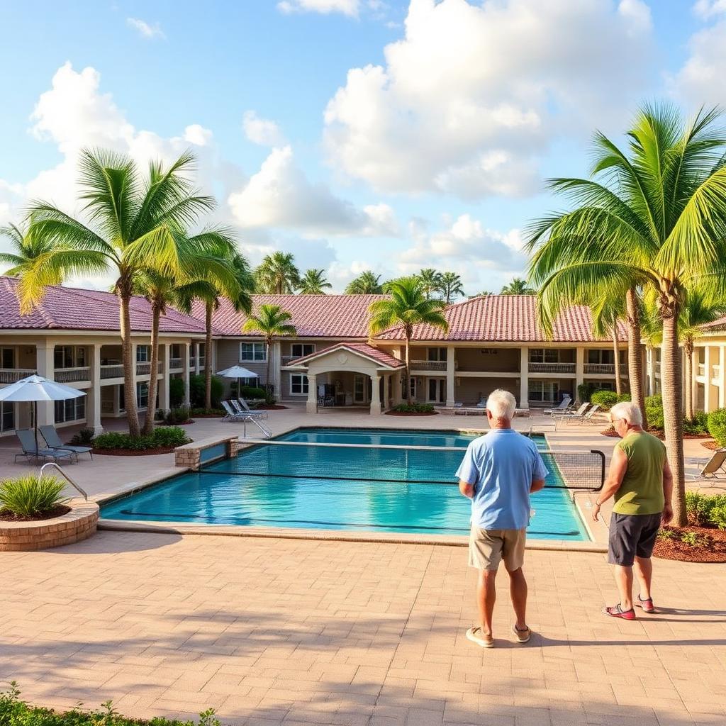 Florida 55+ active adult community with resort pool and palms.