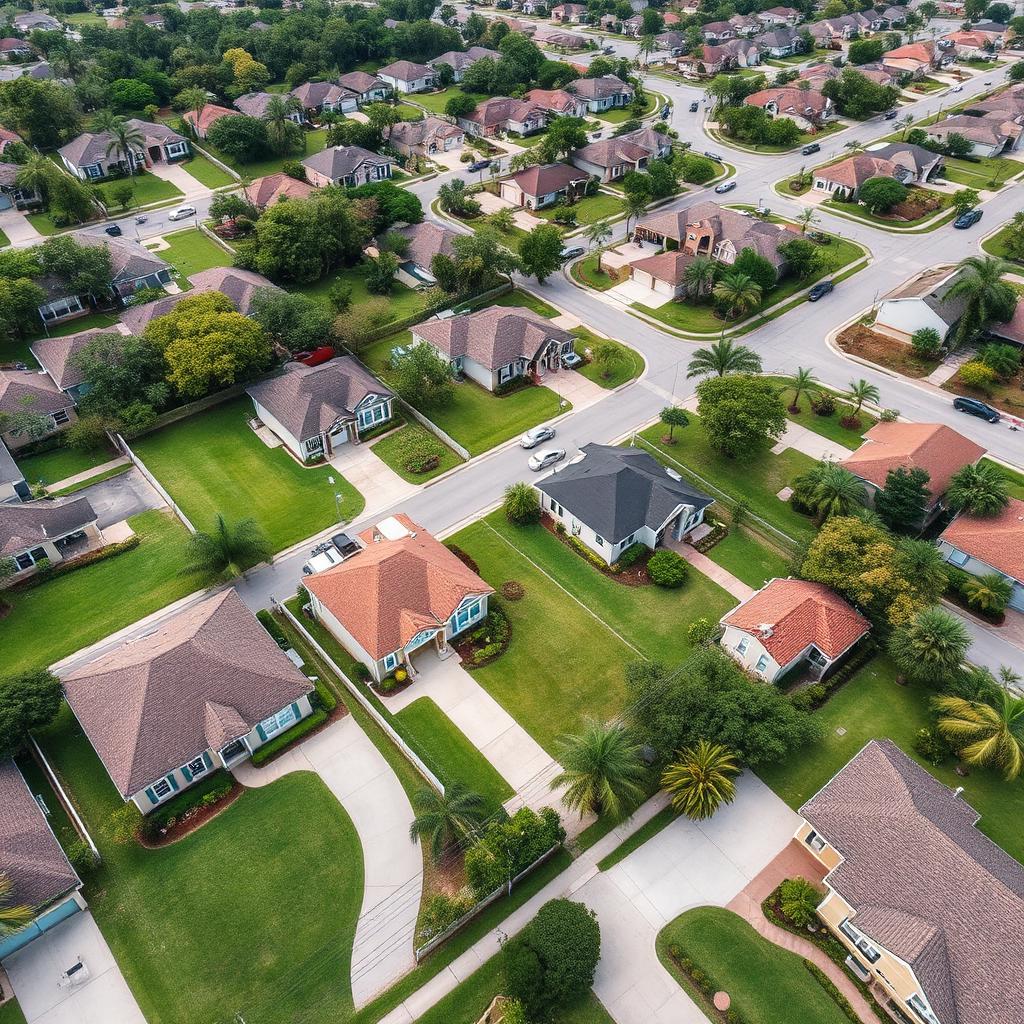 Aerial view of an affordable Tampa Bay suburb with single-family homes.