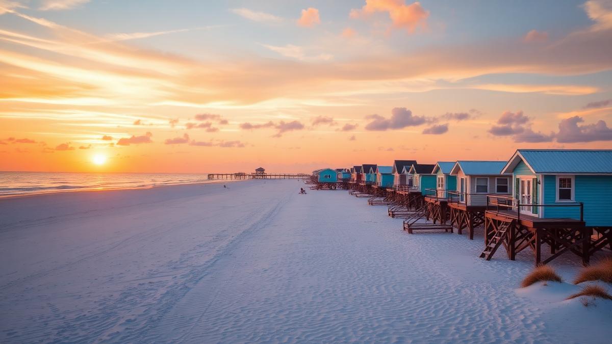 Gulf beach town near Tampa at sunset.