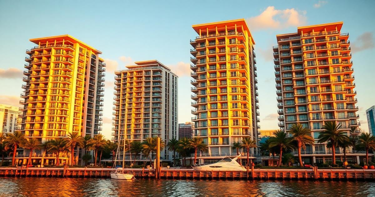 Waterfront condo towers in Tampa Bay at sunset.
