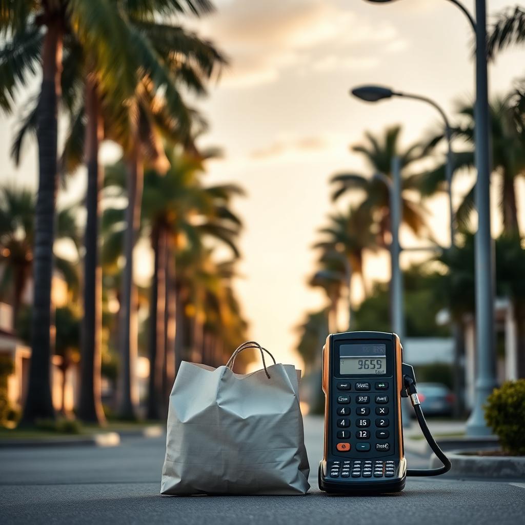 Tampa Bay palm-lined street with a grocery bag, gas pump, and calculator representing everyday cost of living.