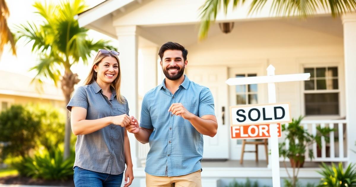 Happy couple with keys in front of a Florida home — first-time buyer tips.