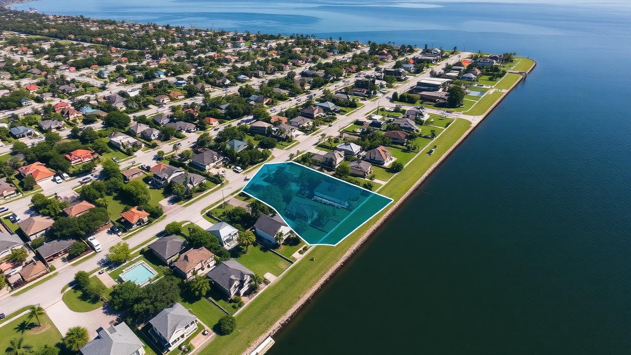 Aerial of a Tampa Bay coastal neighborhood with a flood zone map overlay.