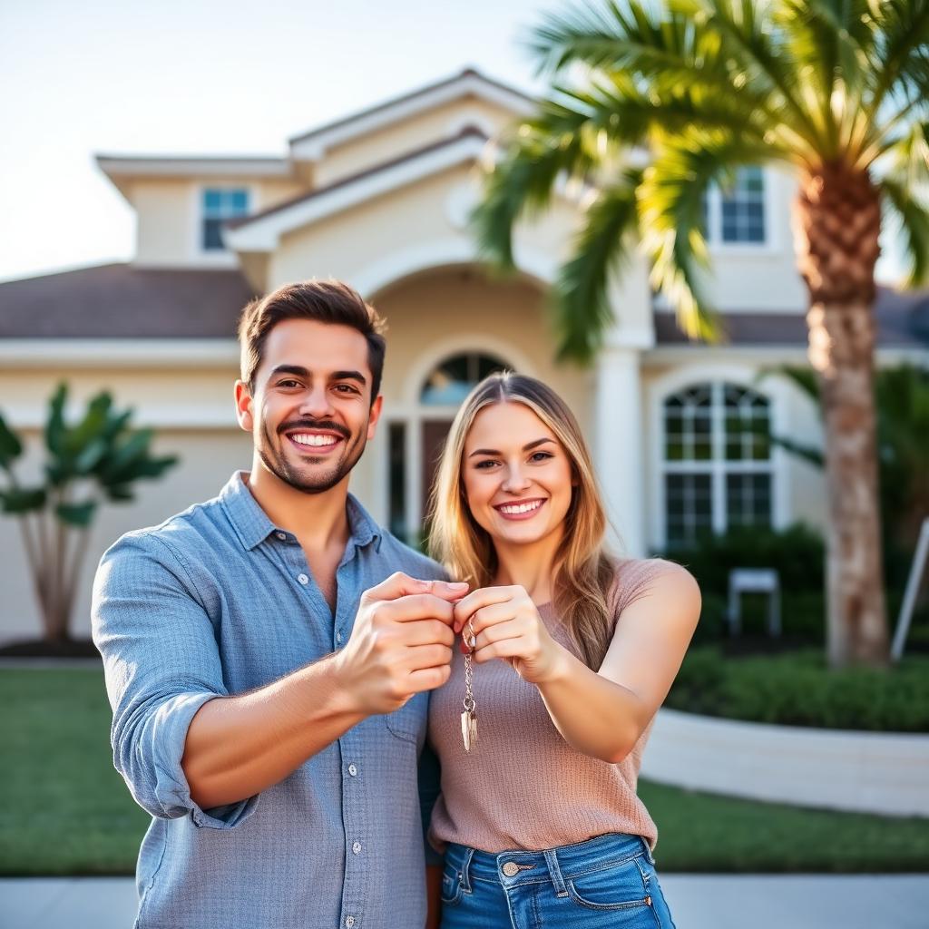 Happy couple holding house keys in front of a new Tampa Bay Florida home.