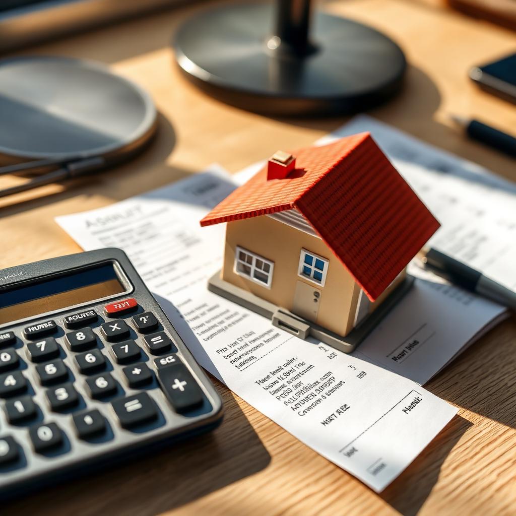 Calculator, pay stub, and small model house — income needed to buy in Tampa Bay.