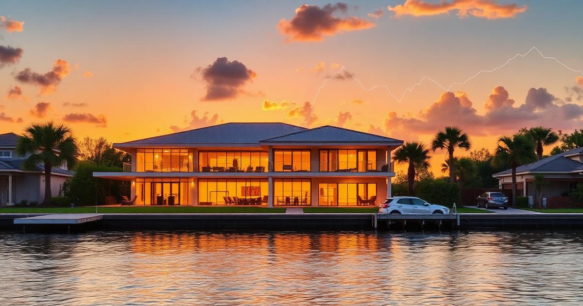 Modern Tampa Bay waterfront home at sunset with market trend lines — housing market update.