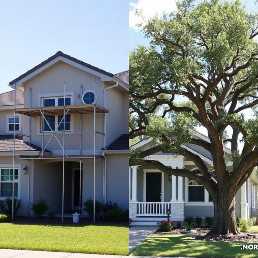 Split scene of new-construction Florida home with scaffolding beside an established Tampa bungalow under mature oaks.