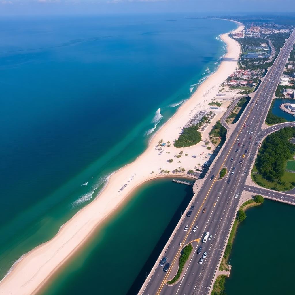 Aerial view of Tampa Bay beach and highway showing pros and cons of living here.