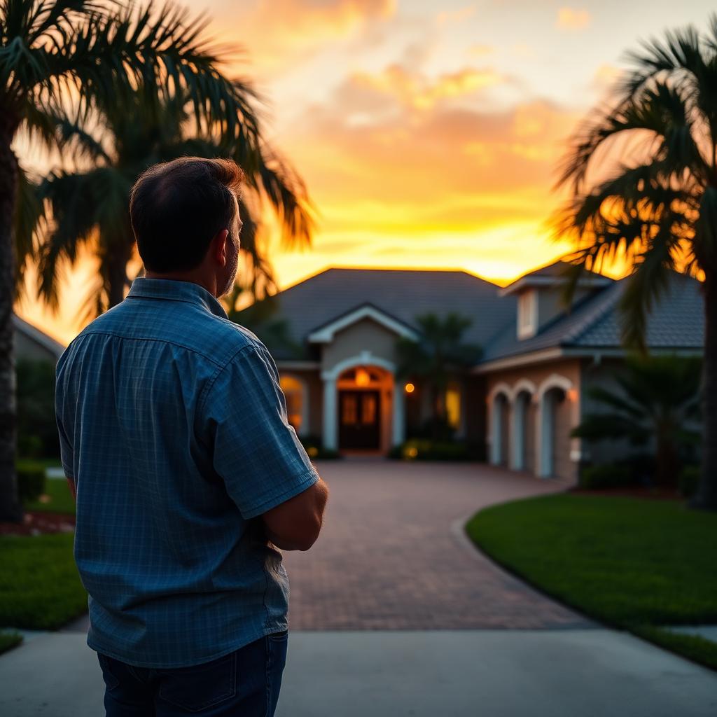 Tampa Bay homeowner looking at their Florida house at sunset, deciding whether to sell.