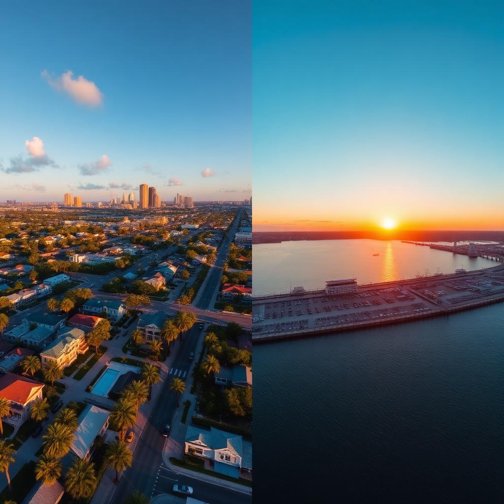 Split aerial of South Tampa skyline and St. Petersburg waterfront pier at sunset.