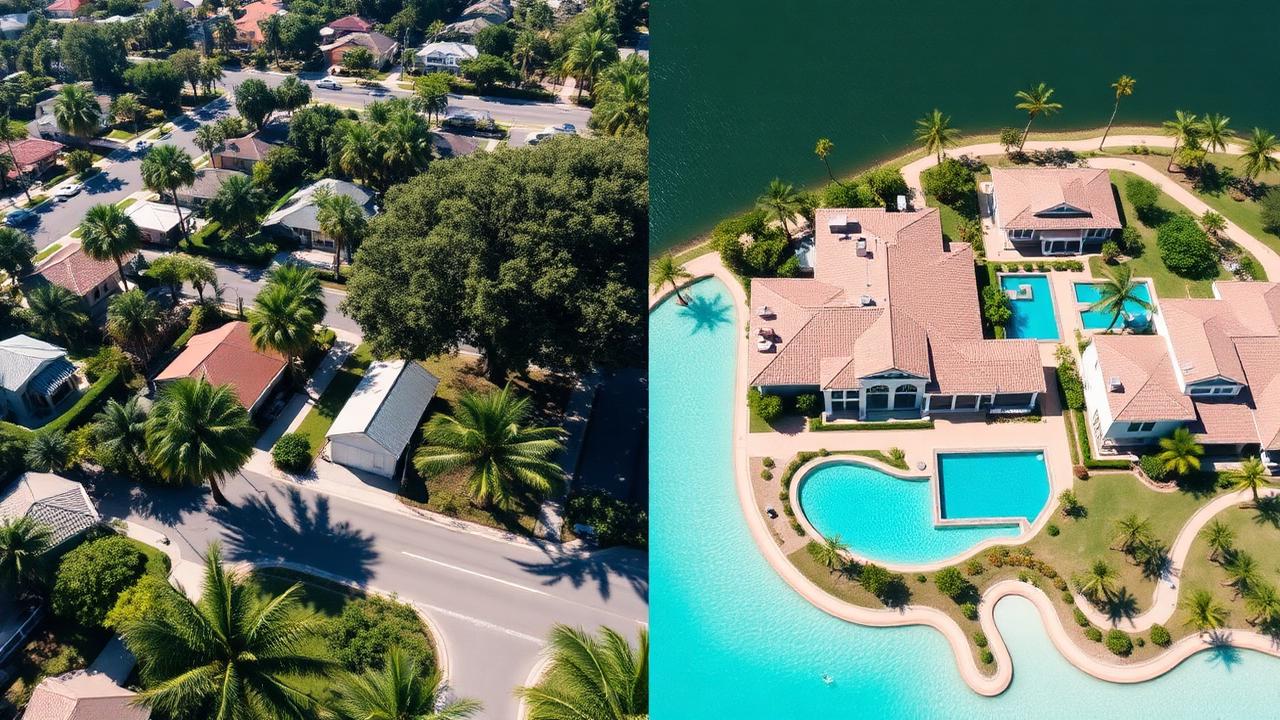 Split-screen aerial — walkable South Tampa on the left, Wesley Chapel master-planned community with crystal lagoon on the right.