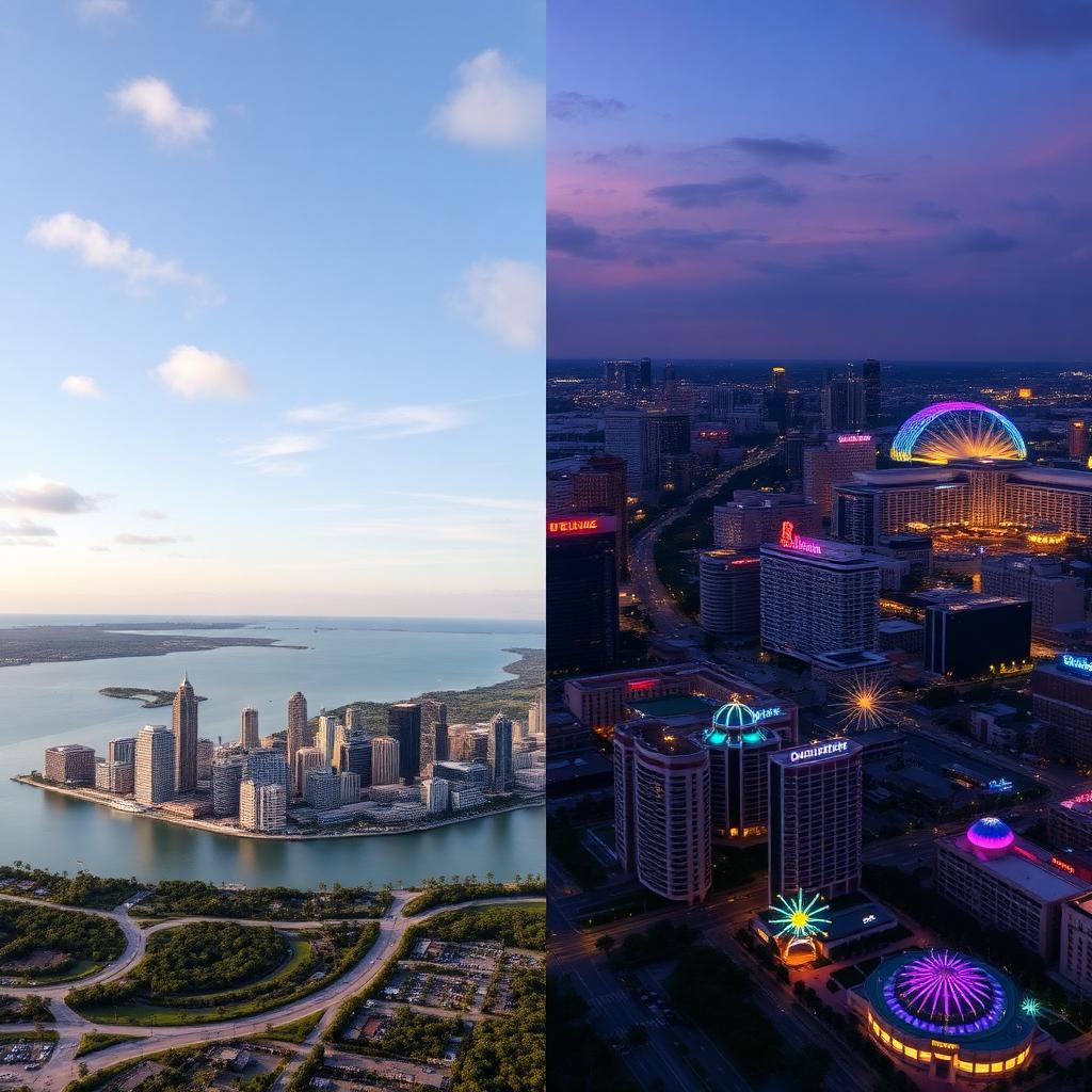 Split-screen of Tampa waterfront and Orlando skylines.