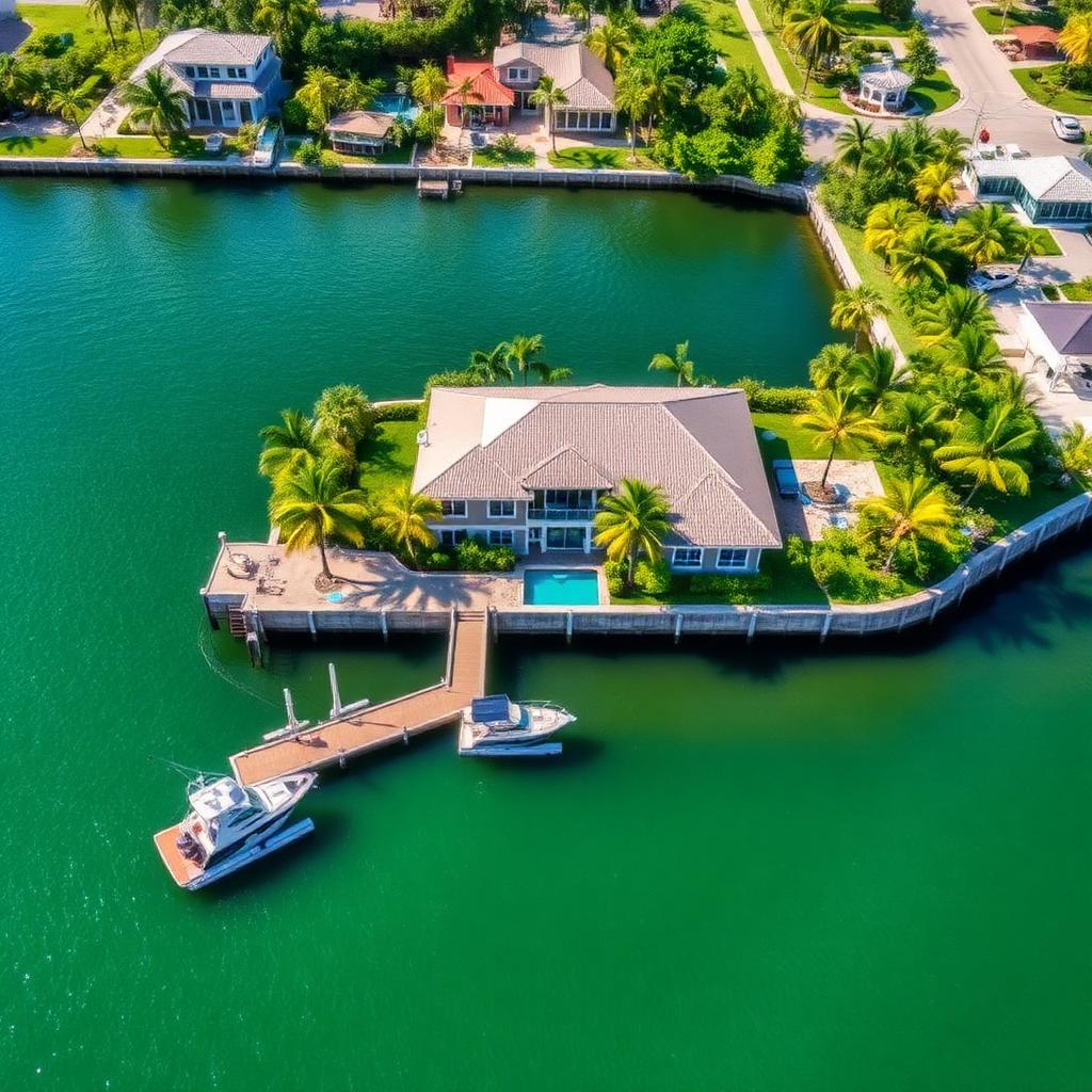 Aerial view of a Tampa Bay waterfront home with dock and seawall.